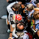 HUNGARORING, HUNGARY - AUGUST 04: Lewis Hamilton, Mercedes AMG F1, 1st position, celebrates with his team in Parc Ferme during the Hungarian GP at Hungaroring on August 04, 2019 in Hungaroring, Hungary. (Photo by Mark Sutton / Sutton Images)