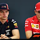 SUZUKA, JAPAN - OCTOBER 10: Max Verstappen of Netherlands and Red Bull Racing and Charles Leclerc of Monaco and Ferrari look on in the Drivers Press Conference during previews ahead of the F1 Grand Prix of Japan at Suzuka Circuit on October 10, 2019 in Suzuka, Japan. (Photo by Dan Istitene/Getty Images)