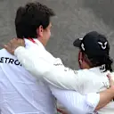 MEXICO CITY, MEXICO - OCTOBER 27: Race winner Lewis Hamilton of Great Britain and Mercedes GP celebrates with Mercedes GP Executive Director Toto Wolff in parc ferme during the F1 Grand Prix of Mexico at Autodromo Hermanos Rodriguez on October 27, 2019 in Mexico City, Mexico. (Photo by Charles Coates/Getty Images)