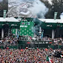 MEXICO CITY, MEXICO - OCTOBER 27: A general view as race winner Lewis Hamilton of Great Britain and Mercedes GP, second placed Sebastian Vettel of Germany and Ferrari and third placed Valtteri Bottas of Finland and Mercedes GP celebrate on the podium during the F1 Grand Prix of Mexico at Autodromo Hermanos Rodriguez on October 27, 2019 in Mexico City, Mexico. (Photo by Charles Coates/Getty Images)