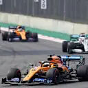 MEXICO CITY, MEXICO - OCTOBER 27: Carlos Sainz of Spain driving the (55) McLaren F1 Team MCL34 Renault leads Lewis Hamilton of Great Britain driving the (44) Mercedes AMG Petronas F1 Team Mercedes W10 on track during the F1 Grand Prix of Mexico at Autodromo Hermanos Rodriguez on October 27, 2019 in Mexico City, Mexico. (Photo by Mark Thompson/Getty Images)