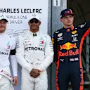 MONTE CARLO, MONACO - MAY 25: Lewis Hamilton, Mercedes AMG F1, celebrates pole postion, alongside Valtteri Bottas, Mercedes AMG F1, and Max Verstappen, Red Bull Racing during the Monaco GP at Monte Carlo on May 25, 2019 in Monte Carlo, Monaco. (Photo by Dom Romney / LAT Images)