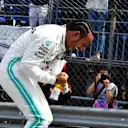 MONTE CARLO, MONACO - MAY 25: Lewis Hamilton, Mercedes AMG F1, celebrates pole postion during the Monaco GP at Monte Carlo on May 25, 2019 in Monte Carlo, Monaco. (Photo by Mark Sutton / Sutton Images)