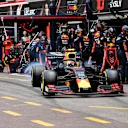 MONTE CARLO, MONACO - MAY 26: Max Verstappen, Red Bull Racing RB15 wheel spins after his pit stop during the Monaco GP at Monte Carlo on May 26, 2019 in Monte Carlo, Monaco. (Photo by Mark Sutton / Sutton Images)