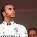 MONTE CARLO, MONACO - MAY 26: Race Winner Lewis Hamilton, Mercedes AMG F1 on the podium during the Monaco GP at Monte Carlo on May 26, 2019 in Monte Carlo, Monaco. (Photo by Zak Mauger / LAT Images)