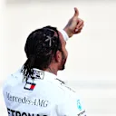 SOCHI, RUSSIA - SEPTEMBER 28: Second place qualifier Lewis Hamilton of Great Britain and Mercedes GP gives the crowd a thumbs up from parc ferme during qualifying for the F1 Grand Prix of Russia at Sochi Autodrom on September 28, 2019 in Sochi, Russia. (Photo by Mark Thompson/Getty Images)