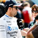 CIRCUIT DE BARCELONA-CATALUNYA, SPAIN - MAY 11: Sergio Perez, Racing Point, is interviewed after Qualifying during the Spanish GP at Circuit de Barcelona-Catalunya on May 11, 2019 in Circuit de Barcelona-Catalunya, Spain. (Photo by Glenn Dunbar / LAT Images)