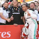 CIRCUIT DE BARCELONA-CATALUNYA, SPAIN - MAY 12: Lewis Hamilton, Mercedes AMG F1, 1st position, celebrates with his team in Parc Ferme during the Spanish GP at Circuit de Barcelona-Catalunya on May 12, 2019 in Circuit de Barcelona-Catalunya, Spain. (Photo by Simon Galloway / Sutton Images)