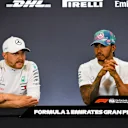 CIRCUIT DE BARCELONA-CATALUNYA, SPAIN - MAY 12: Valtteri Bottas, Mercedes AMG F1, 2nd position, and Lewis Hamilton, Mercedes AMG F1, 1st position, in the Press Conference during the Spanish GP at Circuit de Barcelona-Catalunya on May 12, 2019 in Circuit de Barcelona-Catalunya, Spain. (Photo by Simon Galloway / Sutton Images)