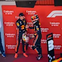 CIRCUIT DE BARCELONA-CATALUNYA, SPAIN - MAY 12: Pierre Gasly, Red Bull Racing, congratulates his team mate Max Verstappen, Red Bull Racing, 3rd position, in Parc Ferme during the Spanish GP at Circuit de Barcelona-Catalunya on May 12, 2019 in Circuit de Barcelona-Catalunya, Spain. (Photo by Jerry Andre / Sutton Images)