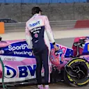 BAHRAIN INTERNATIONAL CIRCUIT, BAHRAIN - APRIL 02: Lance Stroll, Racing Point, crashes his car and pulls off to the run off during the Bahrain April testing at Bahrain International Circuit on April 02, 2019 in Bahrain International Circuit, Bahrain. (Photo by Jerry Andre / Sutton Images)