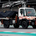 CIRCUIT DE BARCELONA-CATALUNYA, SPAIN - FEBRUARY 20: The car of Romain Grosjean, Haas F1 Team VF-19 is recovered to the pits during the Barcelona February testing at Circuit de Barcelona-Catalunya on February 20, 2019 in Circuit de Barcelona-Catalunya, Spain. (Photo by Mark Sutton / Sutton Images)
