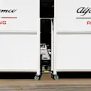 CIRCUIT DE BARCELONA-CATALUNYA, SPAIN - FEBRUARY 26: Alfa Romeo Racing garage screens during the Barcelona February testing II at Circuit de Barcelona-Catalunya on February 26, 2019 in Circuit de Barcelona-Catalunya, Spain. (Photo by Steven Tee / LAT Images)