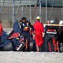 CIRCUIT DE BARCELONA-CATALUNYA, SPAIN - FEBRUARY 28: The crashed car of Pierre Gasly, Red Bull Racing RB15 is recovered after crashing during the Barcelona February testing II at Circuit de Barcelona-Catalunya on February 28, 2019 in Circuit de Barcelona-Catalunya, Spain. (Photo by Andy Hone / LAT Images)