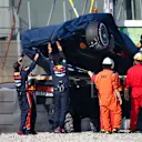 CIRCUIT DE BARCELONA-CATALUNYA, SPAIN - FEBRUARY 28: The crashed car of Pierre Gasly, Red Bull Racing RB15 is recovered during the Barcelona February testing II at Circuit de Barcelona-Catalunya on February 28, 2019 in Circuit de Barcelona-Catalunya, Spain. (Photo by Andy Hone / LAT Images)