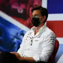 NORTHAMPTON, ENGLAND - AUGUST 07: Mercedes GP Executive Director Toto Wolff talks in the Team Principals Press Conference during practice for the F1 70th Anniversary Grand Prix at Silverstone on August 07, 2020 in Northampton, England. (Photo by Rudy Carezzevoli/Getty Images)