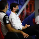 NORTHAMPTON, ENGLAND - AUGUST 07: Mercedes GP Executive Director Toto Wolff talks in the Team Principals Press Conference during practice for the F1 70th Anniversary Grand Prix at Silverstone on August 07, 2020 in Northampton, England. (Photo by Rudy Carezzevoli/Getty Images)