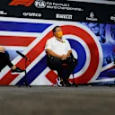 NORTHAMPTON, ENGLAND - AUGUST 07: Williams Deputy Team Principal Claire Williams (L), McLaren Chief Executive Officer Zak Brown (C) and Scuderia Ferrari Team Principal Mattia Binotto (R) talk in the Team Principals Press Conference during practice for the F1 70th Anniversary Grand Prix at Silverstone on August 07, 2020 in Northampton, England. (Photo by Rudy Carezzevoli/Getty Images)