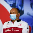 NORTHAMPTON, ENGLAND - AUGUST 07: Alfa Romeo Racing Team Principal Frederic Vasseur talks in the Team Principals Press Conference during practice for the F1 70th Anniversary Grand Prix at Silverstone on August 07, 2020 in Northampton, England. (Photo by Rudy Carezzevoli/Getty Images)