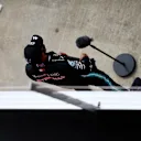 NORTHAMPTON, ENGLAND - AUGUST 08: Second placed qualifier Lewis Hamilton of Great Britain and Mercedes GP talks to the media in parc ferme during qualifying for the F1 70th Anniversary Grand Prix at Silverstone on August 08, 2020 in Northampton, England. (Photo by Rudy Carezzevoli/Getty Images)