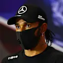 NORTHAMPTON, ENGLAND - AUGUST 08: Second placed qualifier Lewis Hamilton of Great Britain and Mercedes GP talks in a press conference after qualifying for the F1 70th Anniversary Grand Prix at Silverstone on August 08, 2020 in Northampton, England. (Photo by Dan Istitene - Formula 1/Formula 1 via Getty Images)