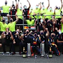 NORTHAMPTON, ENGLAND - AUGUST 09: Race winner Max Verstappen of Netherlands and Red Bull Racing celebrates with his team after the F1 70th Anniversary Grand Prix at Silverstone on August 09, 2020 in Northampton, England. (Photo by Mark Thompson/Getty Images)
