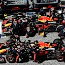 SPIELBERG, AUSTRIA - JULY 05: Alexander Albon of Thailand driving the (23) Aston Martin Red Bull Racing RB16 and Max Verstappen of the Netherlands driving the (33) Aston Martin Red Bull Racing RB16 prepare on the grid during the Formula One Grand Prix of Austria at Red Bull Ring on July 05, 2020 in Spielberg, Austria. (Photo by Clive Mason - Formula 1/Formula 1 via Getty Images)