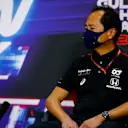BAHRAIN, BAHRAIN - NOVEMBER 27: Toyoharu Tanabe of Honda talks in the Team Principals Press Conference during practice ahead of the F1 Grand Prix of Bahrain at Bahrain International Circuit on November 27, 2020 in Bahrain, Bahrain. (Photo by Andy Hone - Pool/Getty Images)