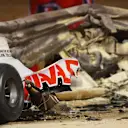 BAHRAIN, BAHRAIN - NOVEMBER 29: Debris following the crash of Romain Grosjean of France and Haas F1 is pictured during the F1 Grand Prix of Bahrain at Bahrain International Circuit on November 29, 2020 in Bahrain, Bahrain. (Photo by Clive Mason - Formula 1/Formula 1 via Getty Images)