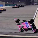 BAHRAIN, BAHRAIN - NOVEMBER 29: Lance Stroll of Canada driving the (18) Racing Point RP20 Mercedes is launched upside down following a crash during the F1 Grand Prix of Bahrain at Bahrain International Circuit on November 29, 2020 in Bahrain, Bahrain. (Photo by Giuseppe Cacace - Pool/Getty Images)