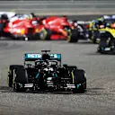 BAHRAIN, BAHRAIN - NOVEMBER 29: Lewis Hamilton of Great Britain driving the (44) Mercedes AMG Petronas F1 Team Mercedes W11 leads the field during the F1 Grand Prix of Bahrain at Bahrain International Circuit on November 29, 2020 in Bahrain, Bahrain. (Photo by Kamran Jebreili - Pool/Getty Images)