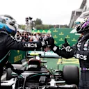 SPA, BELGIUM - AUGUST 30: Race winner Lewis Hamilton of Great Britain and Mercedes GP celebrates with teammate second placed Valtteri Bottas of Finland and Mercedes GP in parc ferme during the F1 Grand Prix of Belgium at Circuit de Spa-Francorchamps on August 30, 2020 in Spa, Belgium. (Photo by Stephanie Lecocq/Pool via Getty Images)