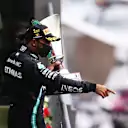 SPA, BELGIUM - AUGUST 30: Race winner Lewis Hamilton of Great Britain and Mercedes GP celebrates on the podium during the F1 Grand Prix of Belgium at Circuit de Spa-Francorchamps on August 30, 2020 in Spa, Belgium. (Photo by Lars Baron/Getty Images)
