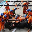 IMOLA, ITALY - NOVEMBER 01: Lando Norris of Great Britain driving the (4) McLaren F1 Team MCL35 Renault makes a pitstop during the F1 Grand Prix of Emilia Romagna at Autodromo Enzo e Dino Ferrari on November 01, 2020 in Imola, Italy. (Photo by Mark Thompson/Getty Images)