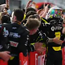 IMOLA, ITALY - NOVEMBER 01: Third placed Daniel Ricciardo of Australia and Renault Sport F1 celebrates with team members in parc ferme during the F1 Grand Prix of Emilia Romagna at Autodromo Enzo e Dino Ferrari on November 01, 2020 in Imola, Italy. (Photo by Rudy Carezzevoli/Getty Images)