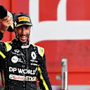 IMOLA, ITALY - NOVEMBER 01: Third placed Daniel Ricciardo of Australia and Renault Sport F1 celebrates on the podium with a shoey during the F1 Grand Prix of Emilia Romagna at Autodromo Enzo e Dino Ferrari on November 01, 2020 in Imola, Italy. (Photo by Mark Thompson/Getty Images)