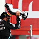 IMOLA, ITALY - NOVEMBER 01: Race winner Lewis Hamilton of Great Britain and Mercedes GP celebrates on the podium during the F1 Grand Prix of Emilia Romagna at Autodromo Enzo e Dino Ferrari on November 01, 2020 in Imola, Italy. (Photo by Mark Thompson/Getty Images)