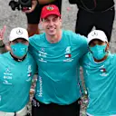 IMOLA, ITALY - NOVEMBER 01: Race winner Lewis Hamilton of Great Britain and Mercedes GP, second placed Valtteri Bottas of Finland and Mercedes GP and Mercedes GP Executive Director Toto Wolff celebrate after the Mercedes GP team won a 7th consecutive F1 Constructors Championship during the F1 Grand Prix of Emilia Romagna at Autodromo Enzo e Dino Ferrari on November 01, 2020 in Imola, Italy. (Photo by Peter Fox/Getty Images)
