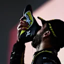 IMOLA, ITALY - NOVEMBER 01: Third placed Daniel Ricciardo of Australia and Renault Sport F1 celebrates on the podium with a shoey during the F1 Grand Prix of Emilia Romagna at Autodromo Enzo e Dino Ferrari on November 01, 2020 in Imola, Italy. (Photo by Mario Renzi - Formula 1/Formula 1 via Getty Images)