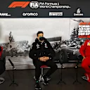 NUERBURG, GERMANY - OCTOBER 09: (L-R) Renault Sport F1 Managing Director Cyril Abiteboul, Mercedes GP Executive Director Toto Wolff and Scuderia Ferrari Team Principal Mattia Binotto talk in the Team Principals Press Conference during practice ahead of the F1 Eifel Grand Prix at Nuerburgring on October 09, 2020 in Nuerburg, Germany. (Photo by Joe Portlock/Getty Images)