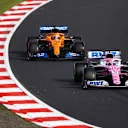 NUERBURG, GERMANY - OCTOBER 10: Sergio Perez of Mexico driving the (11) Racing Point RP20 Mercedes leads Carlos Sainz of Spain driving the (55) McLaren F1 Team MCL35 Renault during qualifying ahead of the F1 Eifel Grand Prix at Nuerburgring on October 10, 2020 in Nuerburg, Germany. (Photo by Bryn Lennon/Getty Images)