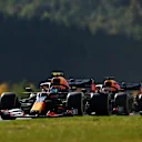 NUERBURG, GERMANY - OCTOBER 10: Alexander Albon of Thailand driving the (23) Aston Martin Red Bull Racing RB16 leads Max Verstappen of the Netherlands driving the (33) Aston Martin Red Bull Racing RB16 during final practice ahead of the F1 Eifel Grand Prix at Nuerburgring on October 10, 2020 in Nuerburg, Germany. (Photo by Clive Mason - Formula 1/Formula 1 via Getty Images)
