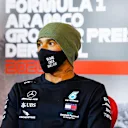 NUERBURG, GERMANY - OCTOBER 10: Second place qualifier Lewis Hamilton of Great Britain and Mercedes GP talks in a press conference after qualifying ahead of the F1 Eifel Grand Prix at Nuerburgring on October 10, 2020 in Nuerburg, Germany. (Photo by Antonin Vincent - Pool/Getty Images)