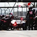 NUERBURG, GERMANY - OCTOBER 11: Romain Grosjean of France driving the (8) Haas F1 Team VF-20 Ferrari makes a pitstop during the F1 Eifel Grand Prix at Nuerburgring on October 11, 2020 in Nuerburg, Germany. (Photo by Peter Fox/Getty Images)