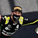 NUERBURG, GERMANY - OCTOBER 11: Third placed Daniel Ricciardo of Australia and Renault Sport F1 celebrates on the podium during the F1 Eifel Grand Prix at Nuerburgring on October 11, 2020 in Nuerburg, Germany. (Photo by Mario Renzi - Formula 1/Formula 1 via Getty Images)