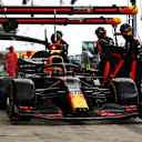 NUERBURG, GERMANY - OCTOBER 11: Alexander Albon of Thailand driving the (23) Aston Martin Red Bull Racing RB16 comes in for a tyre change during the F1 Eifel Grand Prix at Nuerburgring on October 11, 2020 in Nuerburg, Germany. (Photo by Mark Thompson/Getty Images)