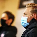 NUERBURG, GERMANY - OCTOBER 08: Kevin Magnussen of Denmark and Haas F1 talks in the Drivers Press Conference during previews ahead of the F1 Eifel Grand Prix at Nuerburgring on October 08, 2020 in Nuerburg, Germany. (Photo by XPB - Pool/Getty Images)