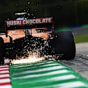 BUDAPEST, HUNGARY - JULY 17: Sparks fly behind Lando Norris of Great Britain driving the (4) McLaren F1 Team MCL35 Renault during practice for the F1 Grand Prix of Hungary at Hungaroring on July 17, 2020 in Budapest, Hungary. (Photo by Mario Renzi - Formula 1/Formula 1 via Getty Images)