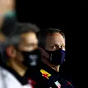 BUDAPEST, HUNGARY - JULY 17: (L-R) James Allison, Technical Director at Mercedes GP, Xevi Pujolar, Head of Track Engineering at Alfa Romeo Racing and Red Bull Racing Head of Car Engineering Paul Monaghan talk in the Team Principals Press Conference during practice for the F1 Grand Prix of Hungary at Hungaroring on July 17, 2020 in Budapest, Hungary. (Photo by Dan Istitene - Formula 1/Formula 1 via Getty Images)