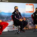 BUDAPEST, HUNGARY - JULY 17: Scuderia Ferrari Team Principal Mattia Binotto, Otmar Szafnauer, Team Principal and Chief Executive Officer of Racing Point and Marcin Budkowski, Executive Director of Renault Sport F1 talk in the Team Principals Press Conference during practice for the F1 Grand Prix of Hungary at Hungaroring on July 17, 2020 in Budapest, Hungary. (Photo by Dan Istitene - Formula 1/Formula 1 via Getty Images)